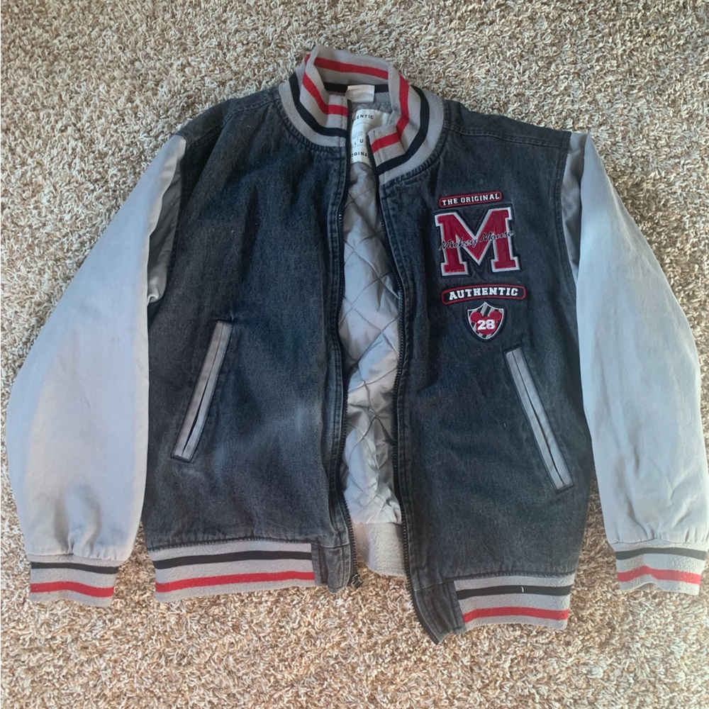 Mickey Mouse Varsity Style Jacket with Red and Gray Accents